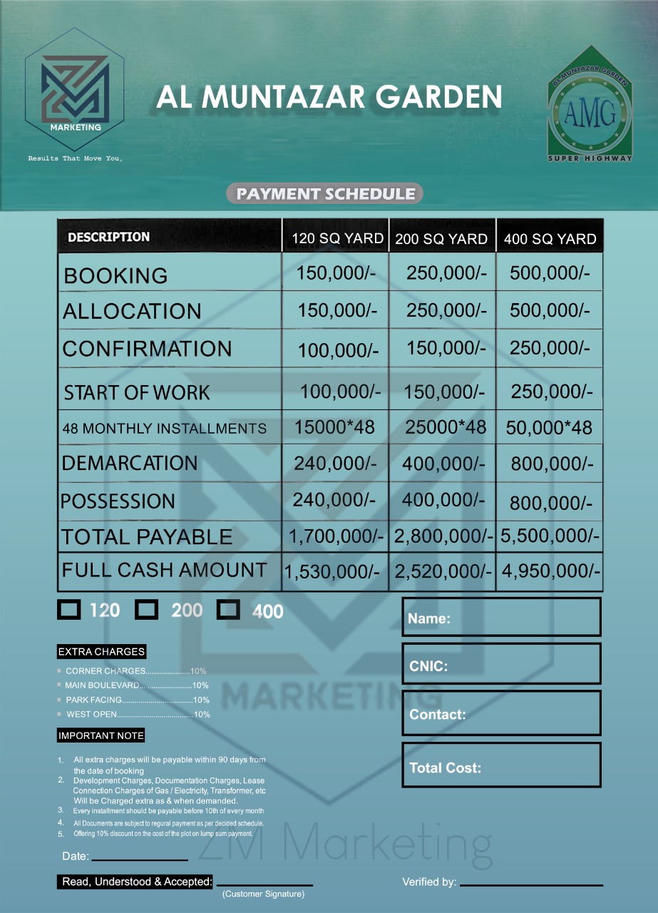 payment plan AL Muntazar Garden karachi